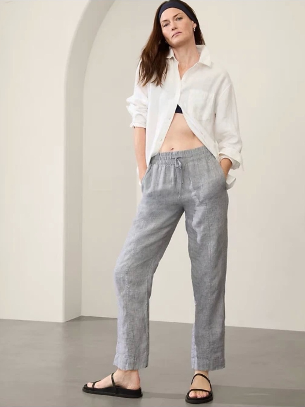 ATHLETA Retreat Linen Ankle Pant Storm Cloud Gray 100% Linen Drawstring Size L